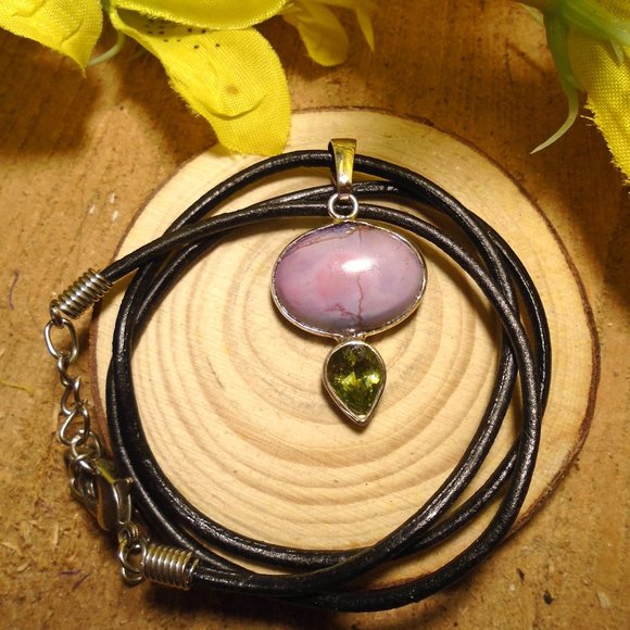 Handmade Jewelry - Gemstone Necklace Boho Style  Pink Jasper and Peridot Green Crystal